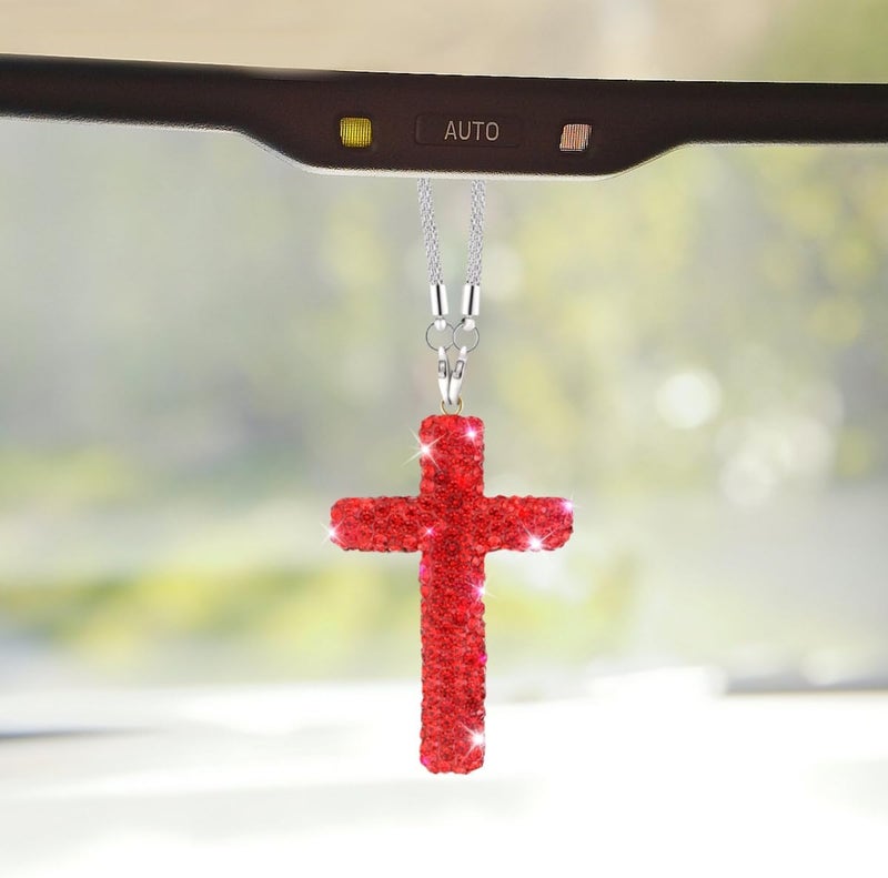 ZIMISI Bling Cross Car Hanging Ornament, Crystal Rhinestone Car Rearview Mirror Pendant for Women, Diamond Rear View Mirror Charm Present, Universal Vehicle Interior Decoration Accessory (Red) - Image 1